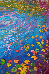 Lily pond abstract oil painting in Open Impressionism style. Painting Ripples of Light