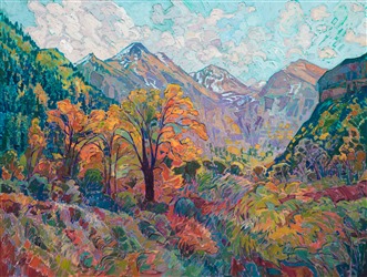 Autumn Zion mountain painting at Ayres Hotel in Seal Beach, by Erin Hanson Autumn Zion mountain painting at Ayres Hotel in Seal Beach, by Erin Hanson