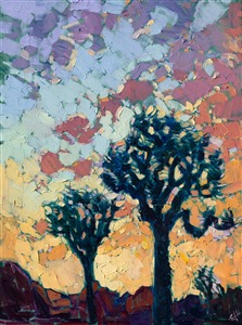 A petite oil painting 12x16 of Joshua Tree National Park, by contemporary impressionist Erin Hanson. Painting Last Desert Light