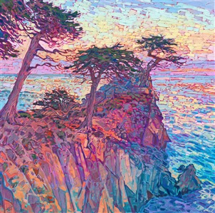Lone Cypress Dusk, original oil painting of Carmel in Monterey County, by modern impressionist Erin Hanson. Painting Lone Cypress Dusk