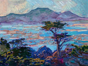 Original impressionistic oil painting of Pebble Beach, California by contemporary California Impressionist Erin Hanson. Original impressionistic oil painting of Pebble Beach, California by contemporary California Impressionist Erin Hanson.