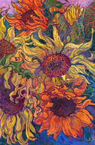 Impressionism sunflower painting for sale by modern impressionist Erin Hanson Painting Sunflower Bouquet
