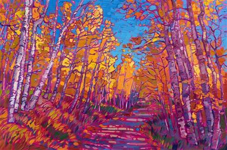 Aspen trees original oil painting of autumn golds against a blue sky, by impressionist Erin Hanson Painting Colors of Aspen