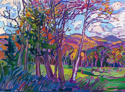 New England landscape oil painting in a modern impressionism style. Painting New England