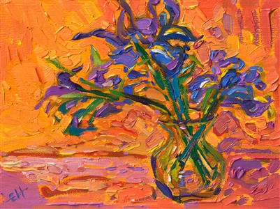 Petite impressionism oil painting of irises in vase, by Erin Hanson.
