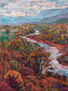 Abiquiu oil painting near Ghost Ranch New Mexico by contemporary impressionist Erin Hanson. Painting Abiquiu