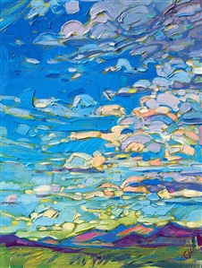 Dramatic blue sky filled with clouds, in this impressionist oil painting by Erin Hanson