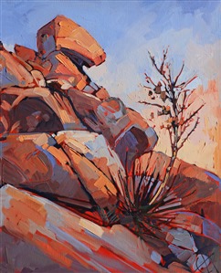 Original oil painting of Joshua Tree National Park. The soft colors of pre-dawn reflect pink and blue off the granite boulders. The brush strokes in this painting are thick and expressive, creating a beautiful mosaic of color and texture. Painting Yucca Flowers