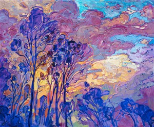 Oil painting of the view from The Erin Hanson Gallery with Eucalyptus trees at sunset by contemporary artist Erin Hanson Oil painting of the view from The Erin Hanson Gallery with Eucalyptus trees at sunset by contemporary artist Erin Hanson