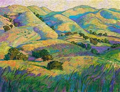 California wine country rolling hills, painted by American expressionist painter Erin Hanson Painting Oaken Hills