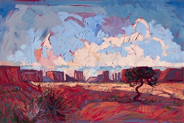 Oil painting of Arizona Monument Valley with red sandstone buttes standing on the horizon against the blue sky by artist Erin Hanson Oil painting of Arizona Monument Valley with red sandstone buttes standing on the horizon against the blue sky by artist Erin Hanson