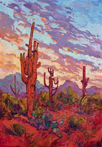 Scottsdale Saguaro desert commission oil painting by modern oil painter Erin Hanson Painting Saguaro Sunset