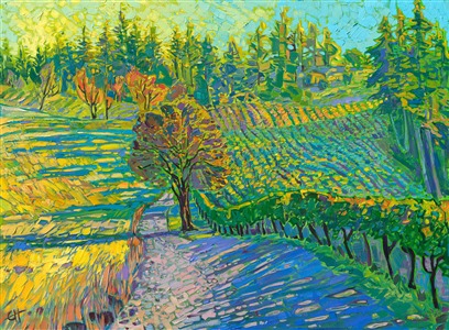 Oregon wine country Willamette Valley landscape oil painting for sale by modern impressionist local artist Erin Hanson Painting Vineyard Shadows
