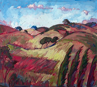 Paso Robles oil painting landscape with Cypress trees blowing in the wind by contemporary artist Erin Hanson