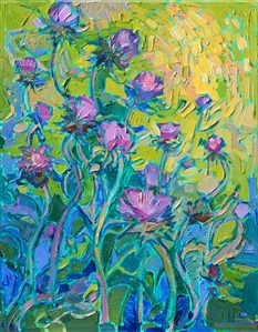 Texas thistles purple wildflowers painting by Erin Hanson Painting Thistles on Green