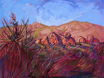 Landscape oil painting of Joshua Tree National Park with warm red hues against a bright blue summer sky Landscape oil painting of Joshua Tree National Park with warm red hues against a bright blue summer sky