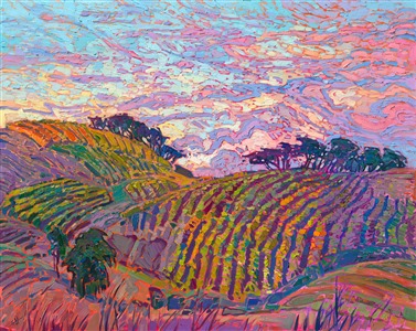 Willamette Valley vineyards wine tasting landscapes captured in colorful, impressionist oil paints, by local artist Erin Hanson Painting Vineyard Color