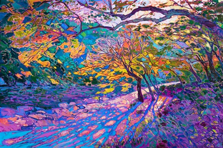 Japanese maple trees abstract oil painting by American impressionist Erin Hanson. Painting Crystal Maples