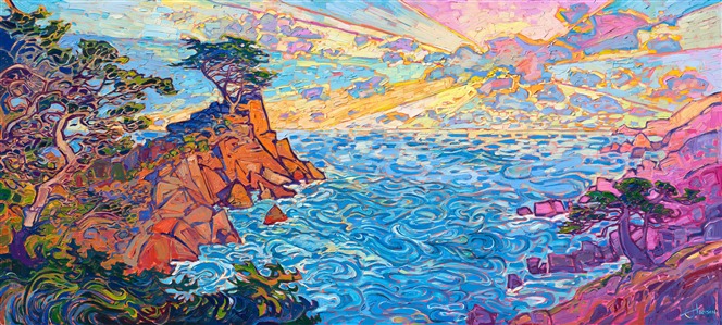Sunset clouds at Lone Cypress on 17 Mile Drive, in Pebble Beach, California. Original oil painting by modern impressionist Erin Hanson.