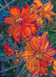 Cadmium orange flower blossoms, an original oil painting for sale by open impressionist Erin Hanson.