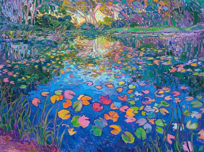 Water lilies oil painting in a modern impressionist style, by Erin Hanson