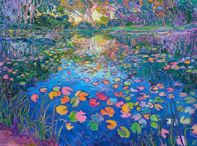 Water lilies oil painting in a modern impressionist style, by Erin Hanson Painting Lilies on the Lake