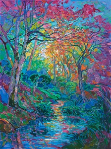 Japanese maple trees in an impressionistic garden landscape oil painting by master artist Erin Hanson.