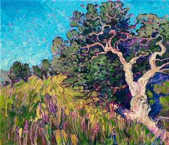 Apline Texas landscape oil painting of twisted oak trees, by Erin Hanson, exhibited at The Museum of the Big Bend.