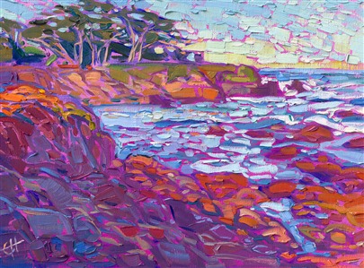 Pebble Beach original oil painting by modern impressionist painter Erin Hanson (from The Erin Hanson Gallery in Carmel.) Painting Pebble Coast