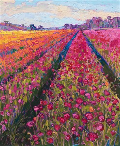 The Flower Fields at Carlsbad, San Diego colorful floral painting by impressionist artist Erin Hanson. Painting Flower Fields