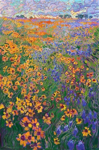 Texas bluebonnets oil painting of hill country, by modern impressionist Erin Hanson Painting Bluebonnets Spring