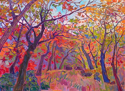 Japanese maple trees captured in bold, expressive color, by American impressionist Erin Hanson