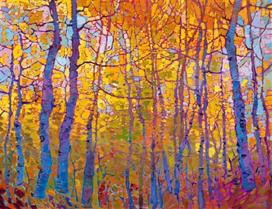 Aspen fall colors original oil painting for sale with a contemporary impressionism expressionist autumn palette. Painting Aspen Mosaic