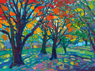 Small painting for sale of autumn northwest landscape, by Erin Hanson. Painting Green to Gold