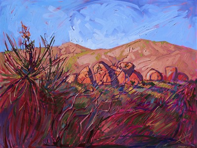 Landscape oil painting of Joshua Tree National Park with warm red hues against a bright blue summer sky Landscape oil painting of Joshua Tree National Park with warm red hues against a bright blue summer sky