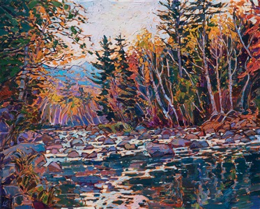 New England oil painting of autumn trees and lake reflection by contemporary impressionist artist Erin Hanson Painting New England Lights