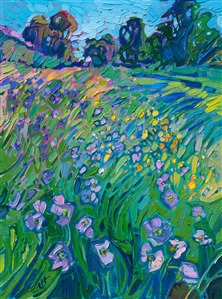 Texas hill country wildflowers original oil painting by modern impressionist Erin Hanson Painting Wildflower Waves