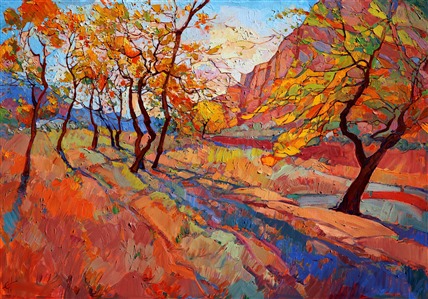 Zion cottonwood shadow painted in dramatic color and texture, by Erin Hanson