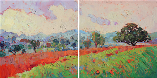 Texas Hill Country oil painting landscape by Erin Hanson Painting Oaks in Diptych
