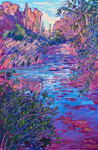 Saugaro desert river painting artwork for sale by American impressionist Erin Hanson
