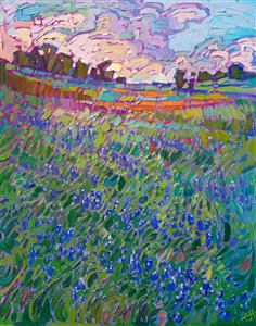 Texas bluebonnets wilfdlower painting for sale by American impressionist Erin Hanson Painting Texas in Flower