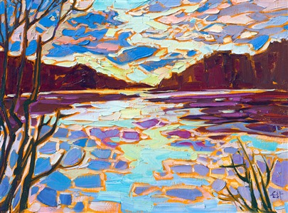 Landscape oil painting of Whitefish, Montana, by American impressionist Erin Hanson. Painting Montana Reflections