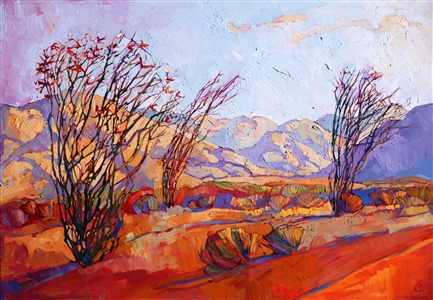 Rich desert colors painted in orange and purple, by Erin Hanson Painting Ocotillo Jewel