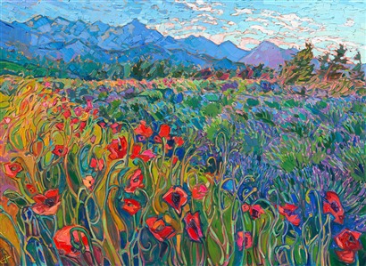 Sequim, Washington, original oil painting of poppies and northwestern lavender fields, by modern impressionist Erin Hanson. Painting Blooming Poppies