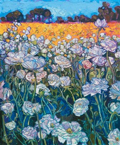 Carlsbad flower fields original oil painting for sale by San Diego impressionist artist Erin Hanson. Painting Snow Blooms
