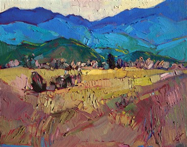 Montana landscape small oil painting on board, by Erin Hanson