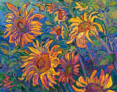 Sunflower impressionist oil painting after van Gogh, by American impressionist Erin Hanson. Prints and 3D Textured Replicas are available for purchase. Painting Hues of Sunflowers