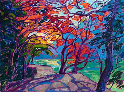 Petite Erin Hanson painting of Japanese maple, Kyoto Japan. Painting Hues of Maple