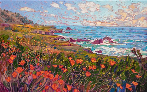Highway 1 coastal poppies wildflowers, original oil painting by impressionist painter Erin Hanson Highway 1 coastal poppies wildflowers, original oil painting by impressionist painter Erin Hanson