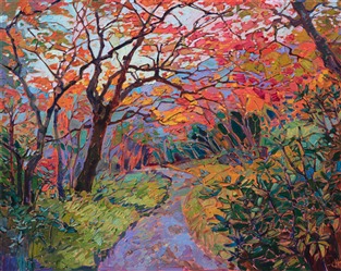 Oil painting of autumn colors and greenery in Kyoto Japan painted by contemporary impressionist artist Erin Hanson Oil painting of autumn colors and greenery in Kyoto Japan painted by contemporary impressionist artist Erin Hanson